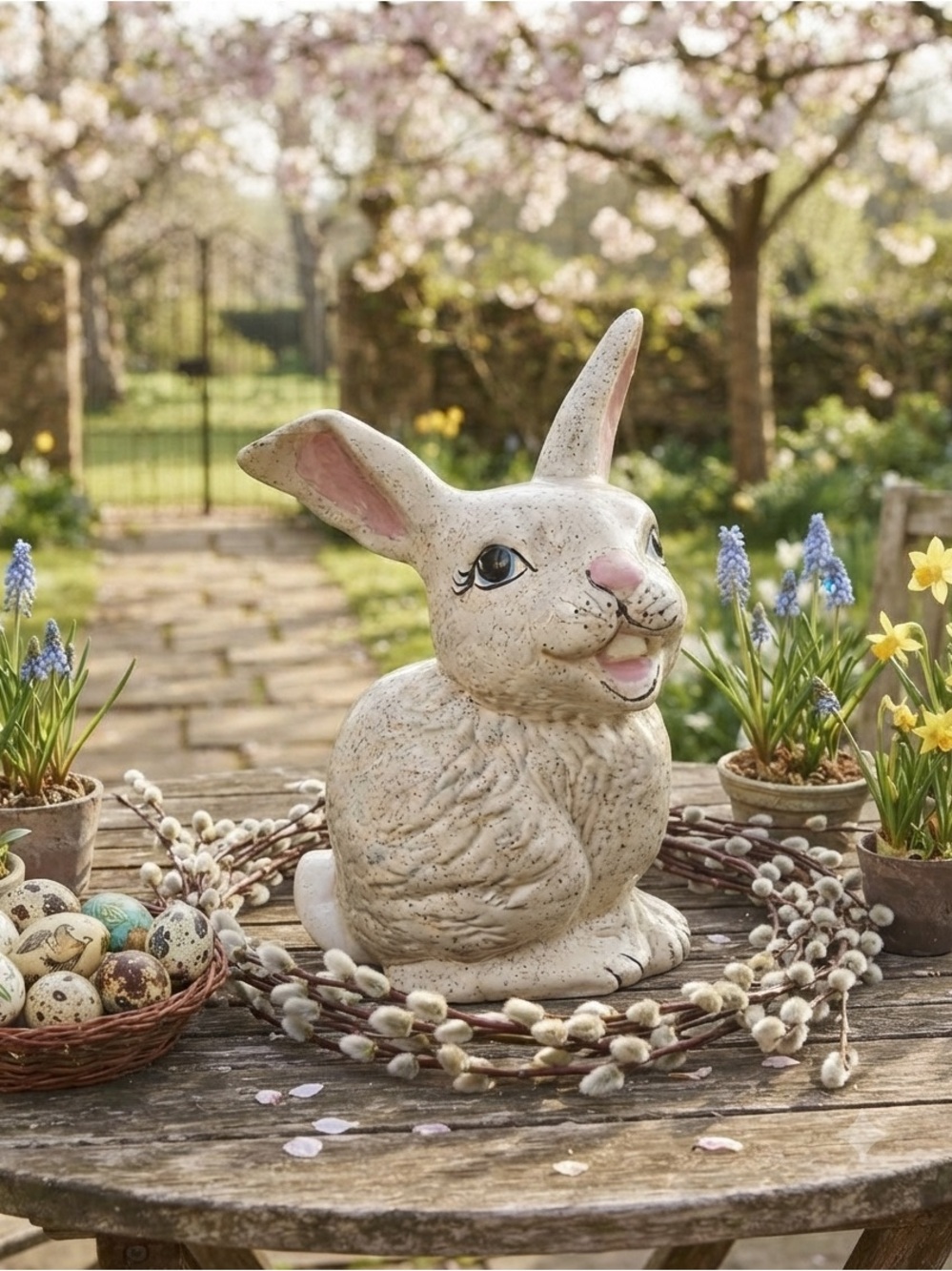 Vintage hand painted Ceramic Beige Bunny Figurine with Pink accents. 1980s.
